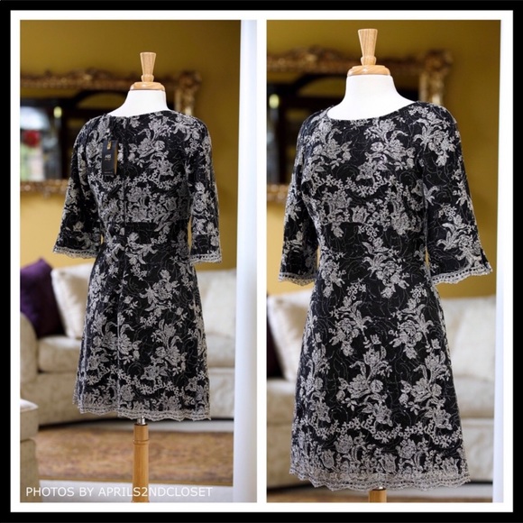 BLACK SEQUIN LACE SHORT SLEEVES A-LINE COCKTAIL FORMAL DRESS 80s RETRO STYLE A3C - Picture 2 of 7